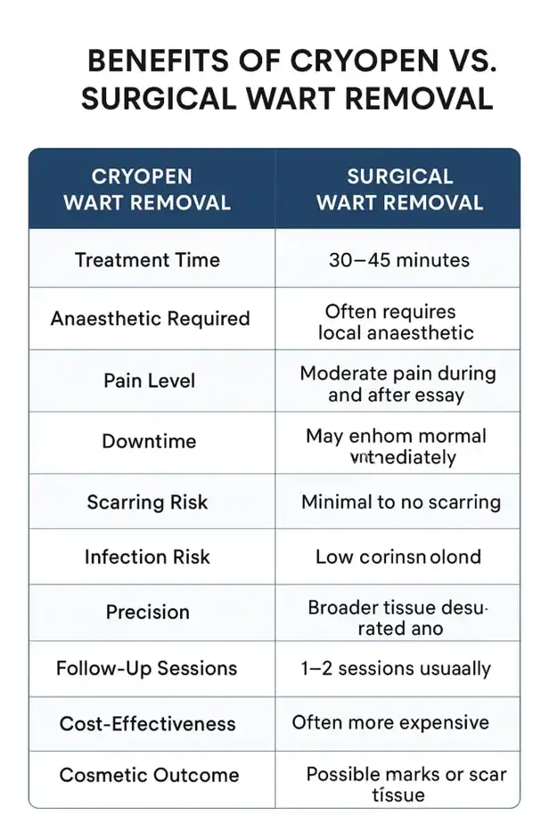 Table showing the benefits of cryopen to remove warts Edgware compared to surgical treatment